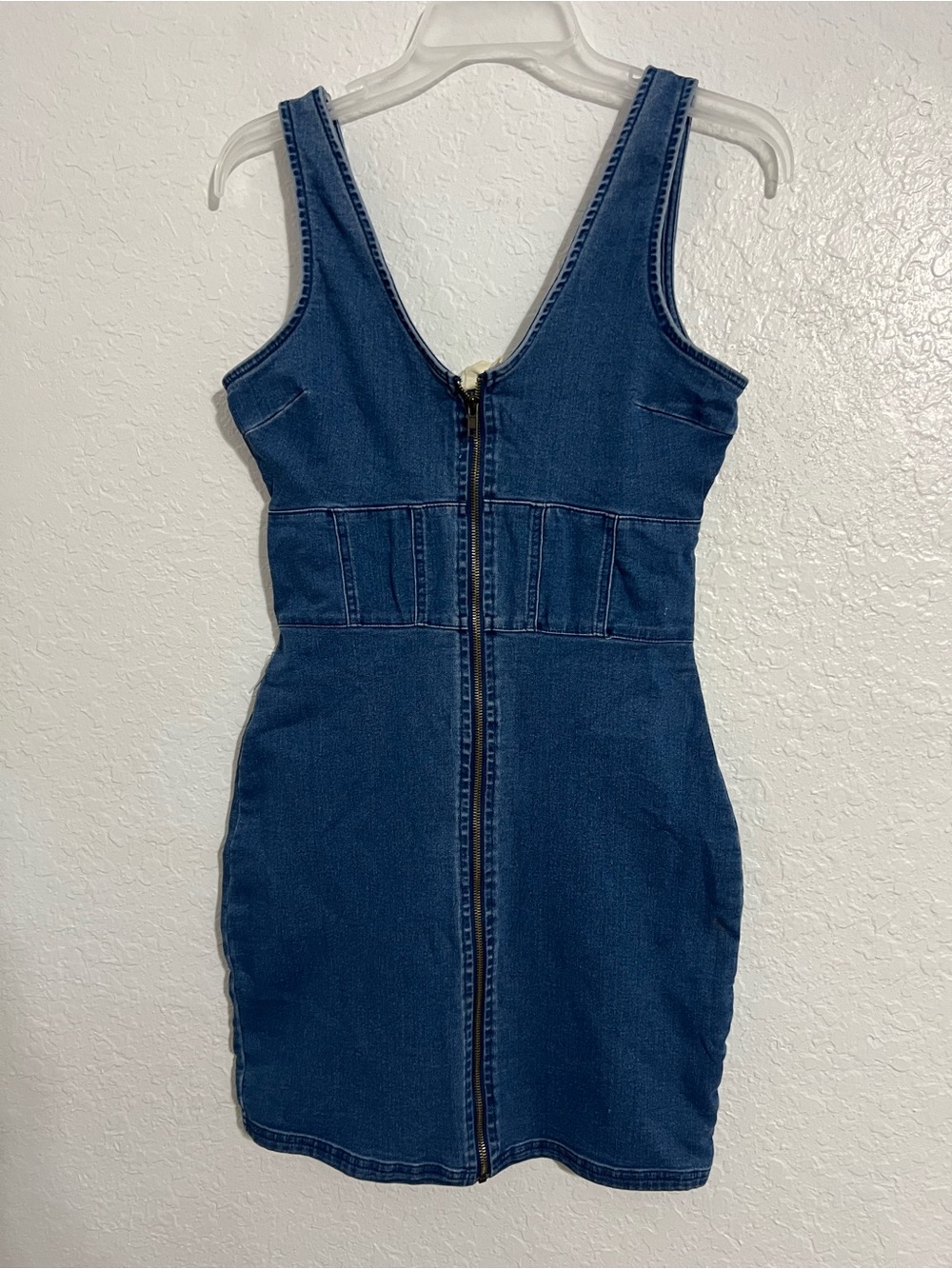 7th & Hudson Women’s Denim Mini Dress M Front Zip Sleeveless Bodycon Stretch 714